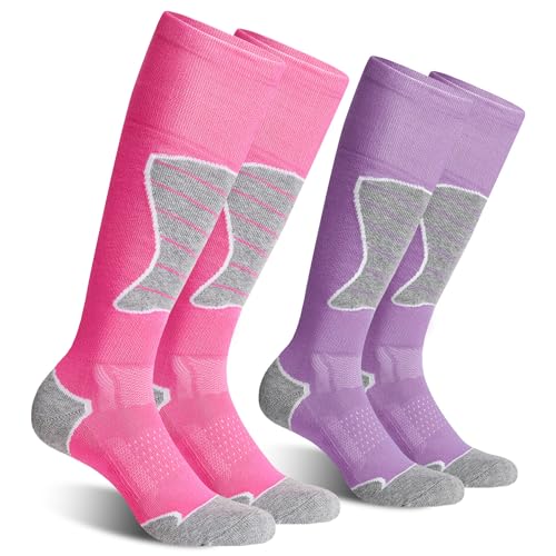 CS CELERSPORT Women's Merino Wool Ski Socks, 2 Pack Thermal Warm Winter Thick Knee High Snowboarding Skiing Socks, Rose + Purple, Medium