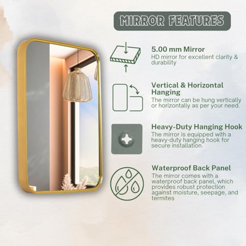 Image of 18x24 Inch Metal Frame Mirror Glass for Wall /Aluminium Rectangle Bathroom Wall Mirror /Mirror for Bathroom /Bedroom /Living Room /Entryway /Dressing Room /Decorative /Vanity| AM1824A2