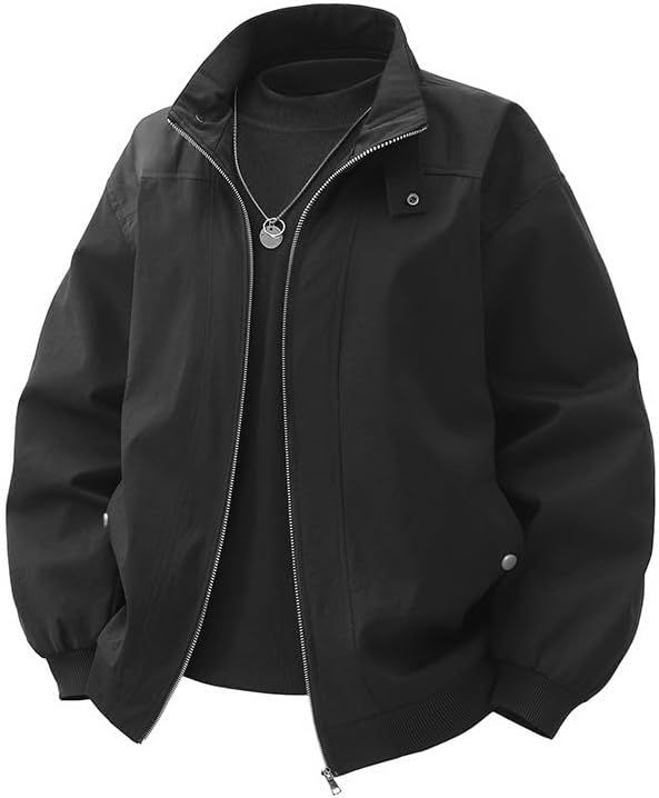 Mens Casual Jacket Spring Fall Stand Collar Workwear Utility Style Single Breasted Loose Lightweight Coats