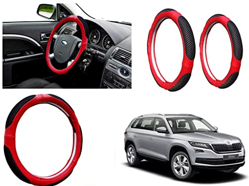 Image of Microfiber Car Steering Wheel Cover, Soft Padding Great Hand Feel, Anti-Slip, Faux Leather Steering Cover for Skoda kodiaq | Black Red Jali - Pack of 1