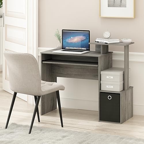 Image of Furinno ECON Desk, Gaming Desk with Keyboard Tray, Computer Desk, Office Desk with Side Shelves and Storage Bin for Home Office, Grey Oak