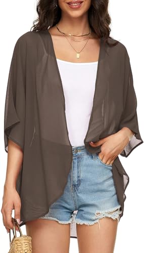 Image of Indian Trendy Women's Solid Puff Sleeve Kimono Cardigan Loose Cover Up Casual Blouse Top Chiffon