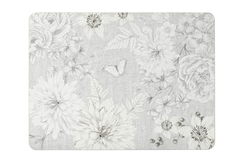 Cork Backed Placemats with Floral Butterfly Design, Grey and White, Set of 4