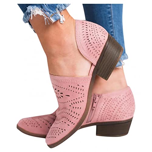Xudanell Womens Boots Cut Out Slip On Loafers Block Heeled Ankle Boots Casual Sandals for Women Cowboy Booties for Women Pink