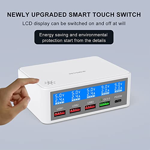 ERYUE Carregador USB múltiplo 65W Estações de carregamento USB de 5 portas com visor LCD PD 20W + QC