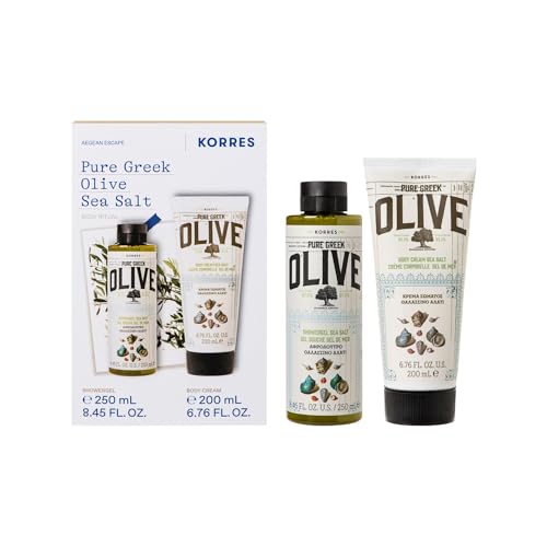 KORRES Körperpflege Vorteilsset Olive Sea Salt, für Damen und Herren, aromatischer Duft von Meersalz vereint mit Olivenduft, Duschgel 250 ml und Bodymilk 200 ml, silikon- und parabenfrei, vegan