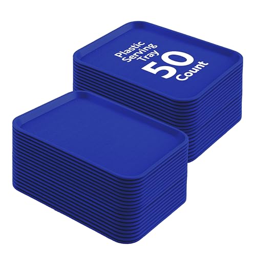 Restaurantware Fast Food Trays Pack of 50 Plastic Cafeteria Trays 10 x 14 Inch, Rectangle Blue Platters, Dishwasher Friendly, Textured, Blue Plastic Fast Food Servers for Restaurants, Cafes