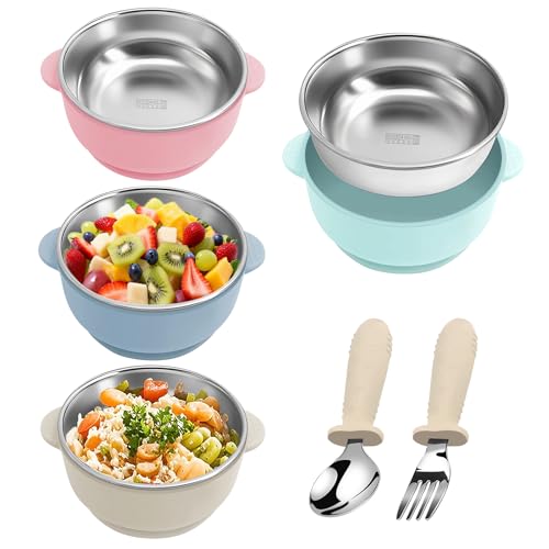 SUNOYA 4 Stück Baby Schüsseln mit Saugnapf & Babybesteck – Edelstahl Breischale mit Silikonhülle, BPA-frei & Rutschfestes Geschirrset für Baby & Kleinkinder