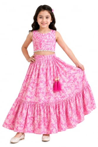 Image of Girls Floral Printed Crop Top and Lehenga Skirt Set
