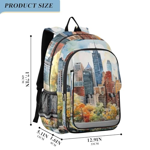 City Skyline Watercolor Backpack Travel Laptop Daypack Shoulder Bag Book Bag Daypack with Reflective Strip 12.9 ×17.7 In2