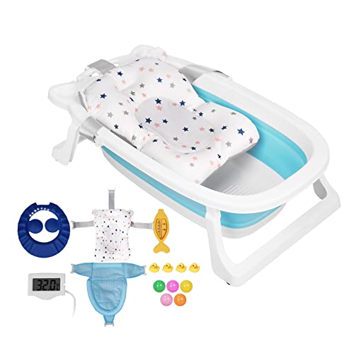Baignoire Pliable Pour Bébé, Bain Baignoire Bébé avec Support, Baignoire bebe pour Douche avec pieds Antidérapants et Affichage de la Température (Bleu)