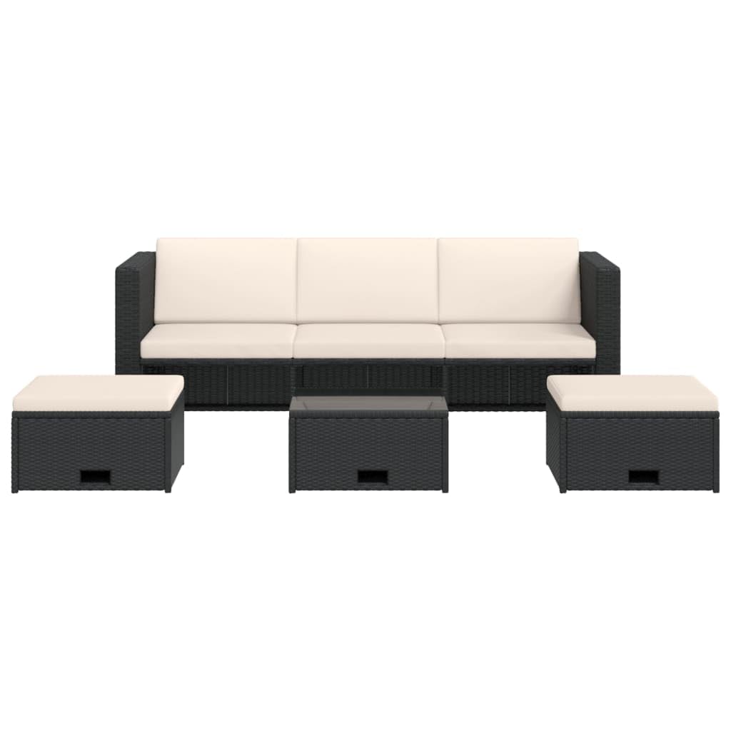 Juego de 4 muebles de jardín de polirratán, sofá de 3 plazas, mesa y 2 taburetes, cojines color blanco crema, ahorro de espacio