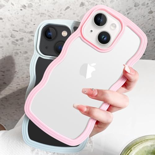 Image of MIDOS Back Cover Compatible with iPhone 15, Cute Curly Wave Frame Clear Case for Girls Women, Transparent Soft Silicone TPU Bumper Shockproof Protective Cover for iPhone 15 (Mint)