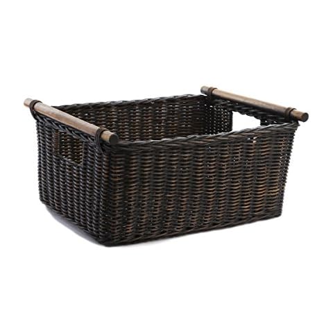 The Basket Lady Pole Handle Wicker Storage Basket, Large, 18 in L x 14.5 in W x 9 in H, Antique Walnut Brown Cover