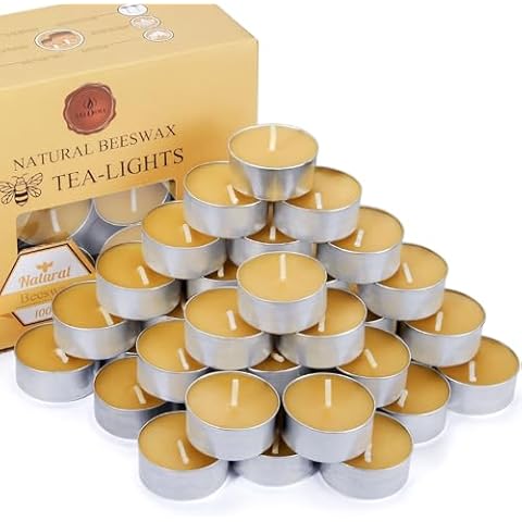Natural Beeswax Tea Candles in Metal Aluminum Cup - Organic Mini Beeswax Candle Natural Scent Smokeless 4-5 Hours Long Burning - Yellow, Pack of 36 Cover
