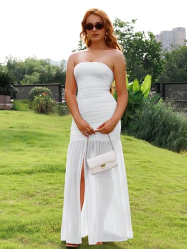 LAGSHIAN Women's Elegant Tube Mesh Maxi Dress Strapless Ruched Bodycon Formal Evening Long Dresses2