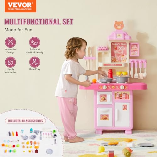 Image of VEVOR Kids Kitchen Playset 48PCS, Pretend Play Kitchen with Cooking Stove with Steam, Sounds and Lights, Play Sink and Play Food, Toy Kitchen Set for Toddlers (Pink) Size 18.5 inch x 9.4 inch x 30.7 inch