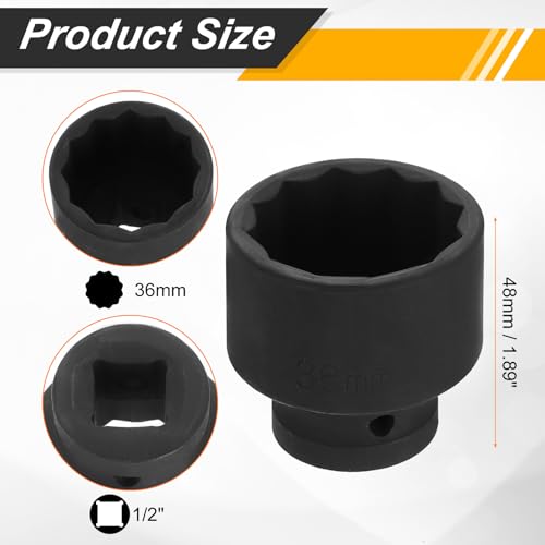 Image of HARFINGTON 1 /2 inch Drive x 36mm Shallow Impact Socket 12-Point Metric CR-V Steel Spindle Nut Impact Flip Sleeve for Home Auto Nuts Bolts Repair