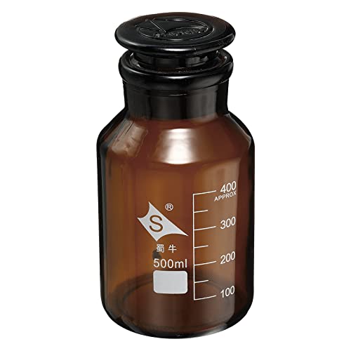 uxcell 500mL Reagent Media Bottle, 1Pcs Round 3.3 Borosilicate Glass Graduated Storage Bottle with Amber Cap for Chemistry Lab Universities Home, Amber