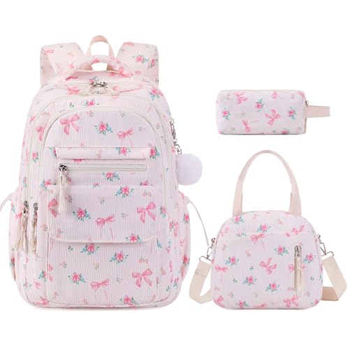 Bevalsa Backpack for Girls, 3PCS Corduroy Kids Backpack Set with Lunch Box & Pencil Pouch, Bookbag Daypack Laptop Bag for Women Teens Elementary Middle High School