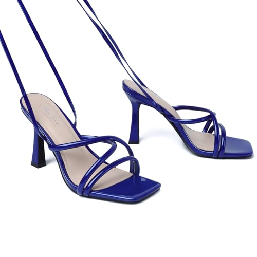 Image of Mostrin Womens Sandals Strappy Heels for Women Lace Up Square Open Toe Heels Tie Up High Heeled Sandals for Prom, Party, Daily Wear