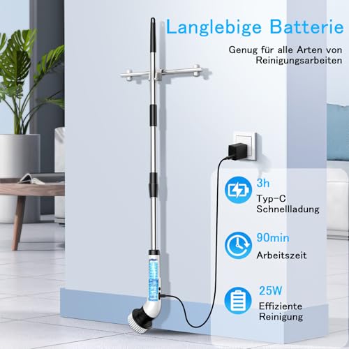 Elektrische Reinigungsbürste, 9 in 1 Elektrische Reinigungsbürste Haushalt 2 Modi Elektrischer Spin Scrubber Electric Cleaning Brush mit 34-130cm, Duschreiniger Bürste für Bad Küche fliesenund Auto