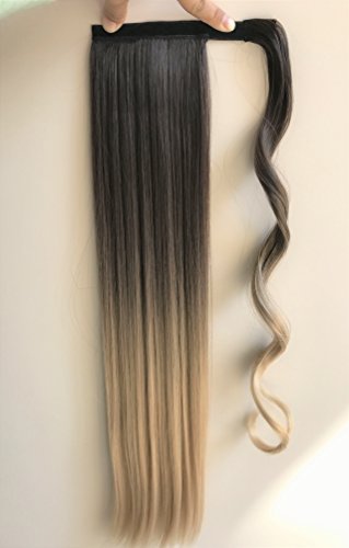22" Straight Ombre Wrap Around Ponytail Synthetic Clip in Hair Extensions Hairpieces (dark brown/sandy blonde)
