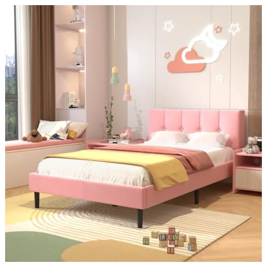 Lijimei Fabric Upholstered Twin Platform Bed Frame,Modern Upholstered Platform Bed with Headboard, Heavy Duty Bed Frame with Wood Slat Support, No Box Spring Required, Easy Assembly,Pink