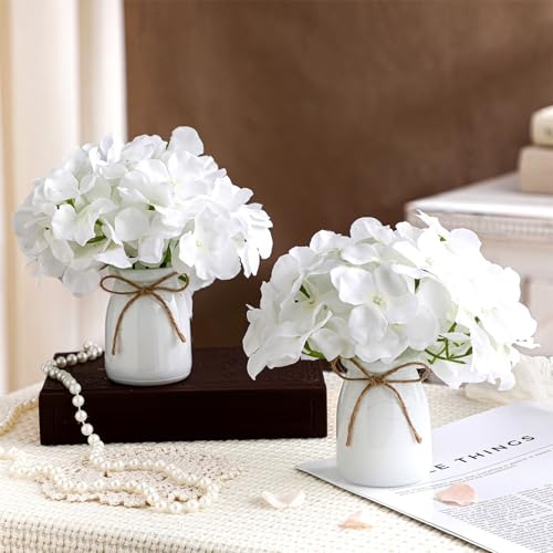 Geelin 2 Set Artificial Hydrangea Flowers with Glass Vase Faux Silk Hydrangeas Flowers Heads with Stems Floral Bouquets Vase Gifts for Home Wedding Coquette Party Centerpieces Table Decor (White)