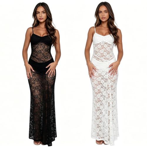 Image of PORRCEY Women's Sexy Rhinestone Lace Sheer Mesh Formal Evening Dress