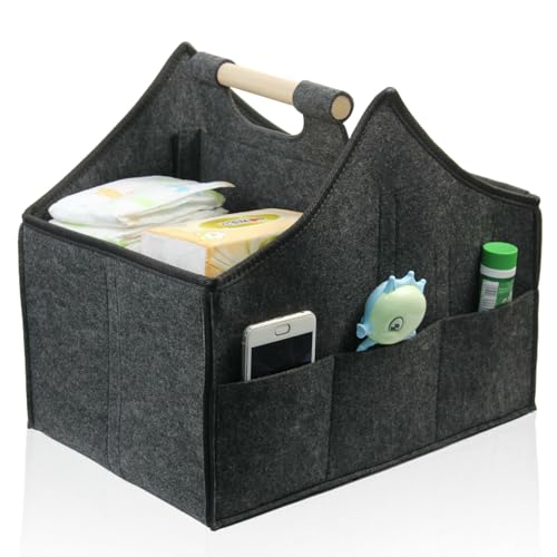Image of Baby Diaper Caddy Organizer,car felt caddy, baby product storage basket, solid wood handle, detachable partition storage basket for daycare,Best Gift Basket for Babies (black)