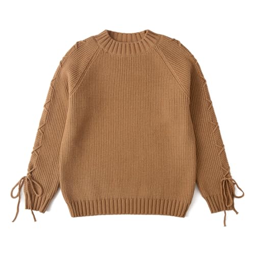 Image of Curipeer Girls Pullover Sweaters, Lace-up Long Sleeve Crewneck | Soft Warm Classic Cable Knit, Winter Fall Spring Daily Wear, Little Kids Tween Girl