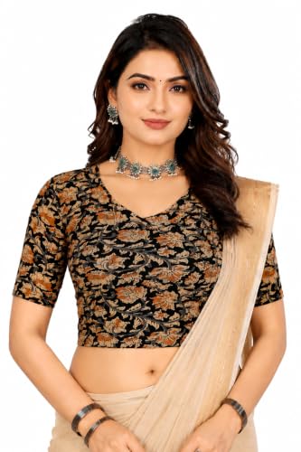 Image of Mogsa Women's Kalamkari Print Cotton Stretchable V-Neck Readymade Saree Blouse | Soft Cotton Blend | Stretch Fabric | Ready-to-Wear