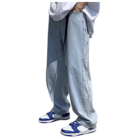 Men's Plain Loose-Fitting Straight Leg Jeans Open Bottom Casual Work Trousers Baggy Street Hip Hop Denim Pants Cover