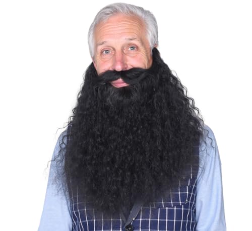 45cm Long Fake Beard Costume for Halloween, Wizard Cosplay Realistic Fake Mustache and Beard Accessories for Adults (Black)