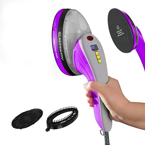 EFFEKTIV Ferro vertical a vapor 3 em 1 com sola de cerâmica, passar a ferro, escova a vapor e centro de passar a ferro compacto, 250 ml, 1800 W, sem mesa, auto-desligado, recarga contínua, lilás
