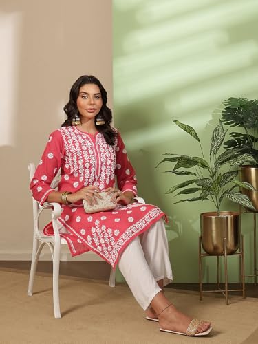 Image of Ada Women's Cotton Regular Fit Tunic Hand Embroidered Lucknowi Chikankari Ethnic Wear Kurta Kurti A130717