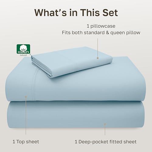 Image of California Design Den Twin Bed Sheets Set - 600 Thread Count Sateen, 100% Cotton Sheet & Pillowcase Sets, Deep Pockets with All Around Elastic, Snug Fit, Durable Bedding - Sea Mist Blue