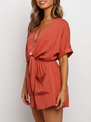 Womens V Neck Button Rompers Knot Tie Short Sleeve Sexy Loose Playsuit Jumpsuit With Pockets #TOP1