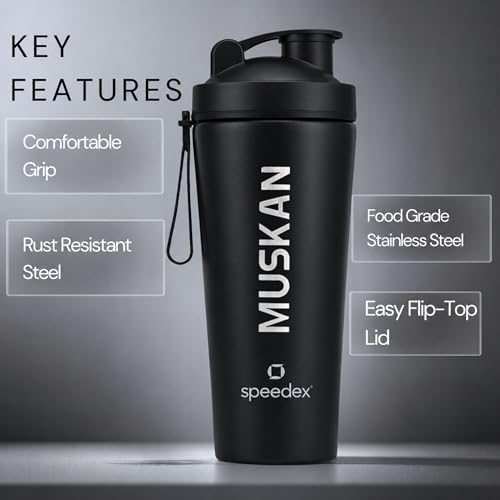 Image of Speedex YouFit Customized Stainless Steel Gym Shaker Bottle 750ml with Mixing Ball, Leakproof Flip Cap, Wide Mouth, Measurement Markings, Personalized Name /Logo Metal Protein Shaker - Black