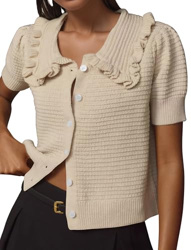 Ythomm Womens Summer Sweaters Ruffle Collared Lantern Short Sleeve Crochet Knit Sweater Tops Cute Button Open Front Cardigans
