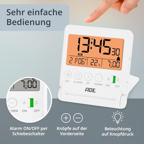 ADE Digitaler Reisewecker | Uhr mit Temperaturanzeige | Kleiner Wecker mit Licht | integrierter Klappspiegel im Deckel | einfache Bedienung | weiß