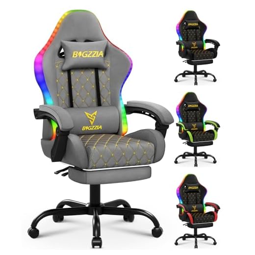 bigzzia Chaise Gaming avec LED RGB, Ergonomique Chaise de Gaming avec Soutien Lombaire Repose-Pieds, Fauteuil Gaming réglable et pivotant capacité de Charge 150 kg（Gris）