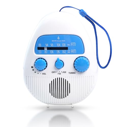 AM/FM Shower Radio, Portable Waterproof Radio Built in Speaker with Rope, Volume Adjustable Bathroom Radios for Kitchen/Bathroom/Outdoor/Indoor