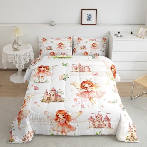 Image of Princess Castle Flower Comforter Set King Size Girls Kids Boys Duvet | Butterfly Cute Kawaii Breathable Soft Lightweight Quilt Set Bedding Set Bedroom Decor Microfiber Pink Warm Cozy All Season
