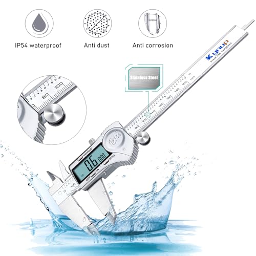 kynup digital caliper caliper measuring tool outside micrometer vernier dial caliper stainless steel ip54 splash proof protection inch metric fraction conversion large lcd screen 6inch150mm