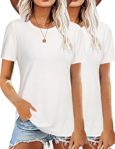 Aottori Camiseta Blanco Mujer Manga Corta Verano T Shirts Algodón Suelto Camisa Cuello Redondo Ligero Sólido Básica Tops Pack de 2 Blanco+Blanco M