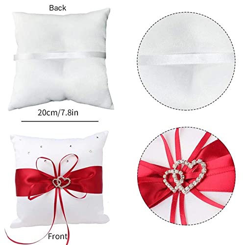 Tyenaza Wedding Ring Pillow, 8 x 8 Inch Wedding Ring Bearer Pillow Red Ring Holder Pillow Cushion with Bowknot Stain Double Hearts Diamonds for Wedding Ceremony