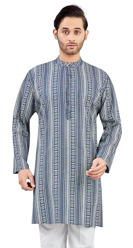 Image of Studio Shringaar Men's Navy Blue Cotton Turkish Printed Knee Length Relax Fit Kurta (Navy Blue, Small)