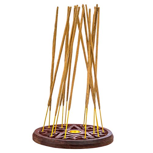 Pentagram Round Wooden Incense Burner - Handcrafted Incense Holder For Up To 15 Incense Sticks And 1 Incense Cone - Features Brass Plate And Brass Grommets - 5 Inches Wide #TOP1